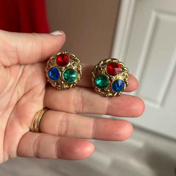 4/$50 Vintage Gold-Tone Clip-On Earrings with Red, Blue, and Green Gems ❤️ - Picture 4 of 7